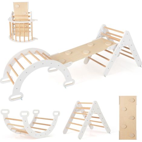 Ensemble d'escalade Montessori blanc en bois avec triangle, arche et rampe réversible, pour chambre, salle de jeux et jardin (1/5)