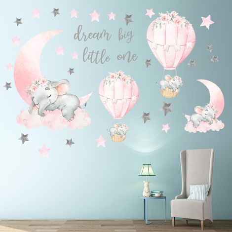 Wandtattoos mit rosa Elefant, Mond, Stern und Heißluftballon – Tierdeko – Vinyl-Kunst für Kinderzimmer, Wohnzimmer und Zuhause (1/5)