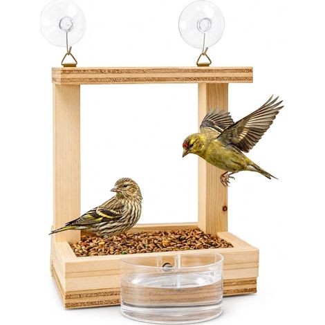 Mangeoire Oiseaux Extérieur Bois Maison Ventouses Fenêtre Abreuvoir Oiseaux Nourriture Oiseaux Sauvages Jardin Balcon Terrasse Bird Feeder Cabane Oiseaux Nichoir Naturelle (1/4)