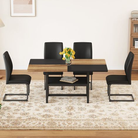 Ensemble de table comprenant une table à manger rectangulaire, une étagère de rangement multifonctionnelle et 4 fauteuils noirs en similicuir de haute qualité, pour salon, salle à manger et cuisine. 1