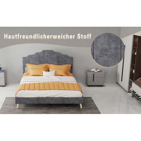Lit tapissé 140/200 cm gris en tissu et métal avec matelas inclus (1/5)