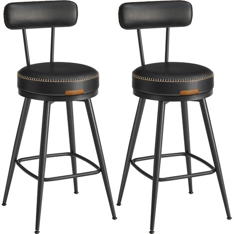 Vasagle – Tabouret de bar noir – Lot de 2 – Hauteur assise 65 cm – Siège rembourré en PU – Style moderne mi-siècle – Capacité 120 kg