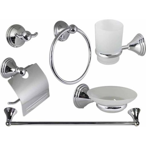 Set bagno in acciaio cromato e vetro satinato 6 pezzi moderno accessori arredo bagno bianco