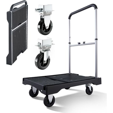 Chariot pliable à plateforme, capacité 149,69 kg, roues pivotantes, poignée réglable, rangement facile, dimensions 680 x 495 x 115 mm. (1/5)