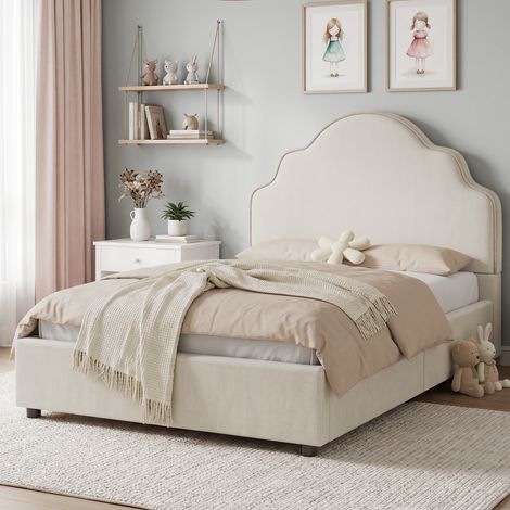 DESMIU Lit simple 90 × 200 cm avec tête de lit rembourrée arrondie, sans matelas, en lin, beige (1/5)