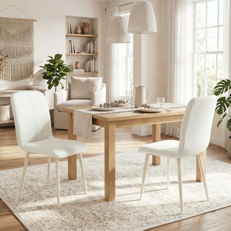 Sedie da sala da pranzo, set da 2, sedie da cucina imbottite effetto lino con gambe chiare, color crema (1/5)