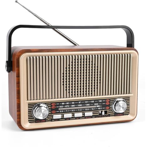 Radio rétro portable AM/FM/SW avec Bluetooth et batterie 1800 mAh, idéale pour la cuisine, la maison et le camping. Entrées AUX, USB et lecteur de carte TF. Dimensions : 23,5 × 11,7 × 13,3 cm. (1/5)