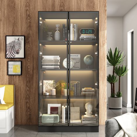 Armoire vitrine avec éclairage LED et portes en verre, vitrines pop-up design,Vitrine en verre avec 4 étagères à niveaux,Vitrine salon,Cadre aluminium,Noir,80 x 40 x 160 cm (1/5)