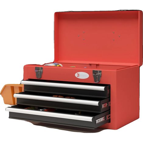 Caja de herramientas de acero de alta calidad, 45 cm de largo x 24 cm de ancho x 27 cm de alto, capacidad de carga de 20 kg, tres cajones, guías deslizantes con rodamientos de bolas. (1/5)