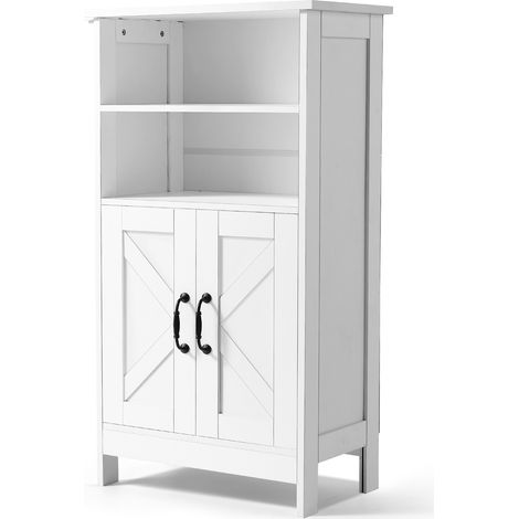 Mophorn 4-Tier Bathroom Floor Cabinet, Wooden Storage Organizer with Adjustable Shelf and Dual Doors, Freestanding Cupboard for Bathroom, Kitchen, Living Room, or Entryway, White (1/5)
