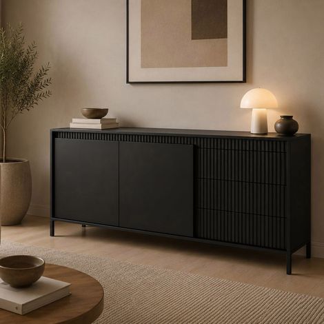 Aparador Hatomo, Mueble con 3 Cajones, 2 Estantes, Puertas Abatibles y Correderas, 154x40x81h cm Beige (1/5)