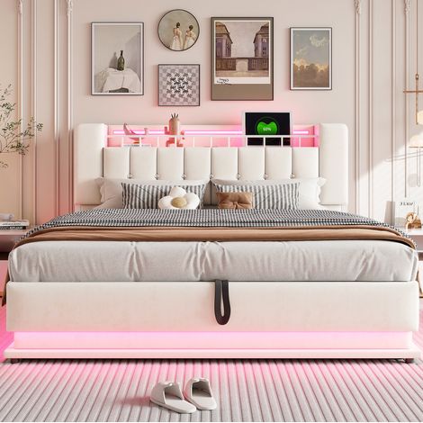 Bettgestell 180x200 cm Beige aus Samt mit LED-Beleuchtung und USB-Anschlüssen (1/5)