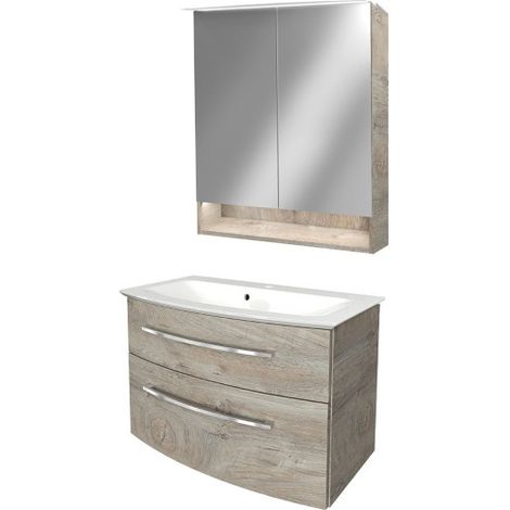 Fackelmann B.STYLE Badmöbel Set – Waschbecken mit Unterschrank und LED-Spiegelschrank in Holz braun – Waschbeckenunterschrank 80 cm hängend breit – Badezimmermöbel in Eiche Natur Holzoptik"-"90180145 (1/5)