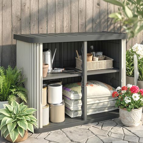 Contenitore da esterno da 480 litri, 2 livelli con ante scorrevoli, resistente ai raggi UV, 120,5x59,5x92 cm, marrone chiaro.