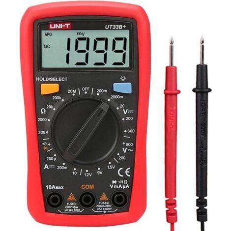 Multimètre de poche UT33B+, écran LCD, multimètre numérique, cordons de test avec fentes de montage.