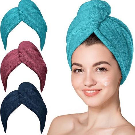 Juego de 3 toallas de microfibra, altamente absorbentes, aptas para todo tipo de cabello, con botón de secado rápido, de 65 x 25 cm, disponibles en 6 colores. (1/5)
