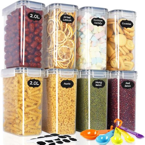 2L Boite de Rangement Cuisine Lot de 8, Sans BPA Bocaux Hermetiques Alimentaires en Plastique Scellée avec Couvercle, pour Stocker Les Cereales, Pâtes, Farine (1/5)