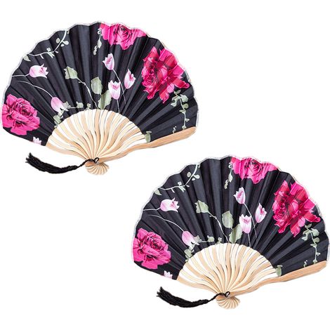 Lot de 2 éventails pliants en bambou, style antique, avec peinture végétale, petit éventail chinois./.