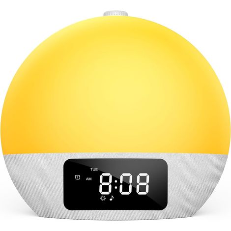 Foryond Réveil lumière du jour et alarme lever du soleil – Réveil numérique avec 25 sons apaisants, 16 niveaux de luminosité, double alarme et 9 lumières colorées, fonction BT (1/5)