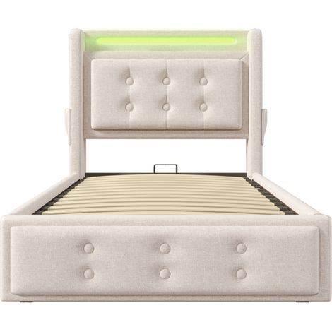 HOMVRA Stauraumbett 90x200 cm mit LED-Kopfteil, USB-C-Anschlüssen, Beige (1/5)