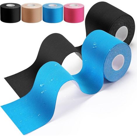 Lot de 2 bandes de sport (5 m x 5 cm), adaptées aux épaules, genoux, cou et muscles hypoallergéniques, élastiques et imperméables – bleu-noir. (1/5)