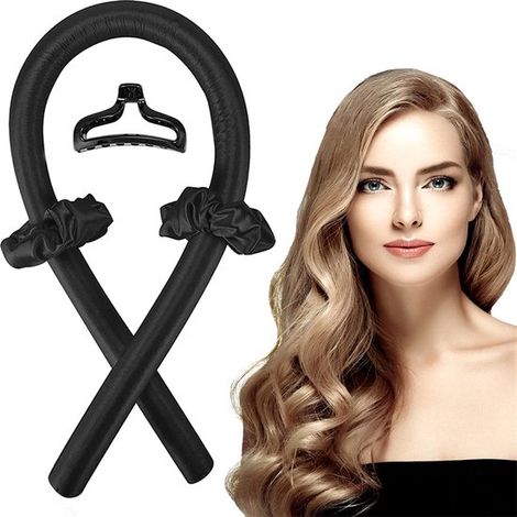 Kit boucles sans chaleur – Noir – Bigoudis satin – 2 chouchous + 1 pince – Coiffage doux