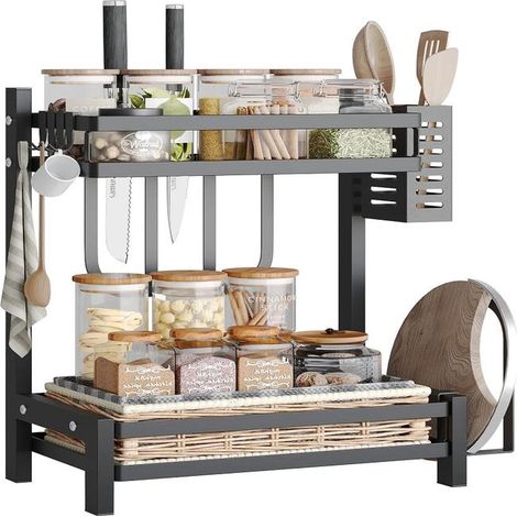 Étagère à épices inoxydable 2 niveaux, organiseur de cuisine mural, support condiments robuste, rangement gain de place pour armoire et plan de travail. (1/2)