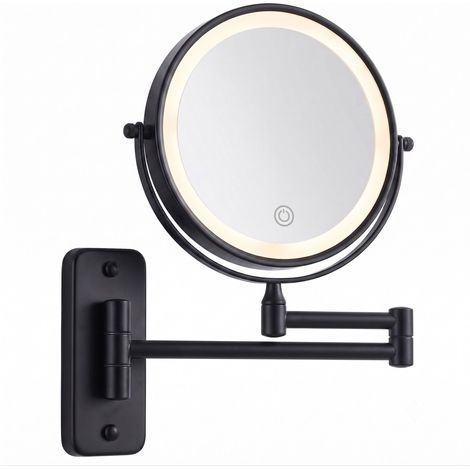 Relaxdays Wall-mounted make-up mirror, LED-lit, 10x, 360° swivel, Ø 17.5 cm, metal, USB-rechargeable, black (1/5)