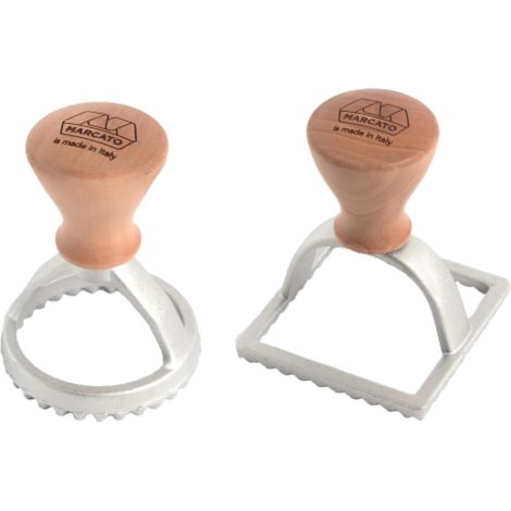 Marcato Kit Stampi per Ravioli e Biscotti, Forme per Ravioli, Formine per Biscotti, in Legno Massello e Alluminio Prossofuso, Stampino Rotondo da 58 mm + Stampino Quadrato da 58 mm. Modello: Raviolè (1/5)