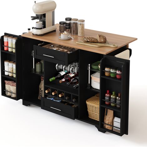 Carrello da cucina con 2 ante, 2 cassetti, ripiani regolabili, portabicchieri e portaasciugamani, 138x45x92 cm (1/5)