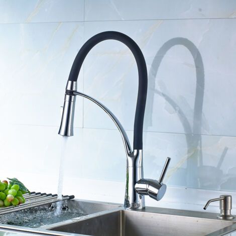 Mitigeur de cuisine noir avec douchette extractible – Acier inoxydable chromé – Rotatif 360° – Débit 1.8 gpm – Installation mono-trou – Oobest (1/5)
