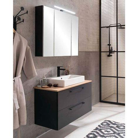Waschplatz Set Waschtisch 86 cm mit Keramik Aufsatzwaschbecken schwarz matt mit Eiche MASON-80, 2-teilig mit Spiegelschrank (1/5)