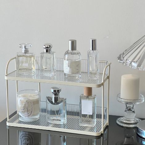 Transparentes, zweistöckiges Aufbewahrungsregal im Instagram-Stil, ideal für Schlafzimmer, Wohnzimmer und Badezimmer, perfekt zur Aufbewahrung von Parfums, Kosmetika und Hautpflegeprodukten. (1/5)