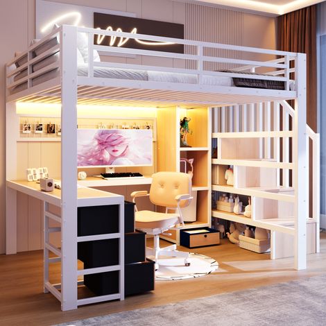 Lit Mezzanine en Métal 140x200 cm avec Bureau Intégré, Tiroirs, Éclairage LED, Étagère de Rangement, Grillage de Suspension - Blanc (1/5)