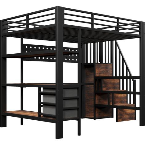 Letto a soppalco 140 x 200 cm in metallo e MDF con scrivania, cassetti, LED e presa nera (1/5)