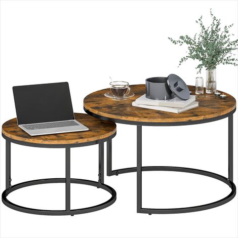 Tables basses gigognes design industriel, imitation ciment brun rustique, métal noir, 2 pièces (1/5)