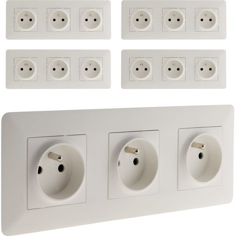 Lot de 5 prises triples 2P+T 16A précâblées – Montage encastré avec griffes ou vis – Bornes automatiques pour câblage rapide – Norme NF – Artezo