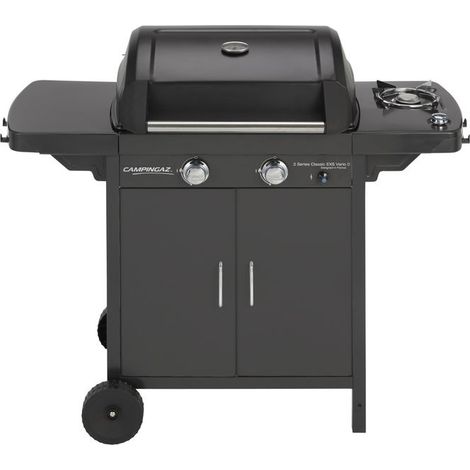 Campingaz 2 Series D Barbecue a Gas Serie 2 Classic EXS Vario a 2 fuochi, Potenza 7,5 kW, Griglia e Piastra in ghisa, 1 Tavolo Laterale, 10 Litri, Nero/Grigio (1/10)