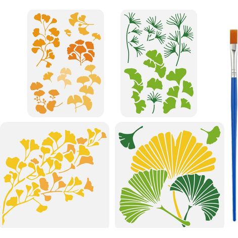 4Pcs A4/30cm Pochoir en Forme D'Arbre de Ginkgo Avec Pinceau 4 Styles Pochoirs à Motifs Feuilles Superposées Réutilisables Motifs de Plantes Modèle Décor pour Bois Mur Sol Carrelage (1/5)