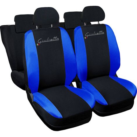 Lupex shop - Coprisedili Auto Compatibili per Giulietta, Made In Italy, set di copri sedili anteriori e posteriori con copri poggiatesta incluso, tessuto poliestere, colore - Nero - Blu Royal