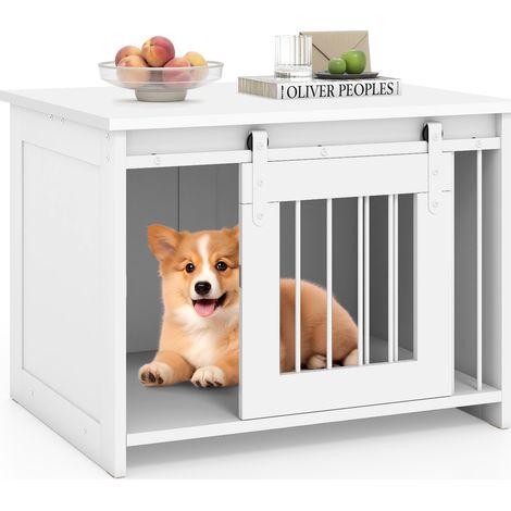 COSTWAY Modern Dog Crate Wooden Dog Cage w/Wide Tabletop