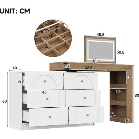 Coiffeuse pivotante lumineuse LED, bureau de maquillage avec miroir, table multifonction style chêne blanc, 105x40x80 cm (1/5)