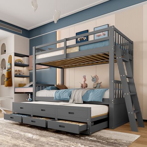 Litera de pino y MDF gris 90x200 cm con cama nido extraíble y 3 cajones (1/5)