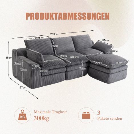 Modulares 3-Sitzer Cordsofa (mit Hocker) – inkl. Kissen & 2 Seitentaschen, 3‑lagiger Schaumstoff + Federkern für schnelle Rückfederung. Frei kombinierbar – ideal für Wohnzimmer, Büro & mehr.Dunkelgrau