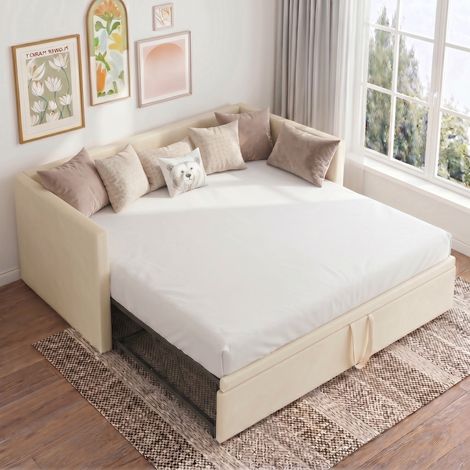 VASIEN –Lit gigogne 90/180x200cm,lit capitonné canapé-lit extensible avec sommiers à lattes,Canapé lit 2 Places en Velours,lit Canapé-lit Convertible,multifonctionnel style moderne,Beige