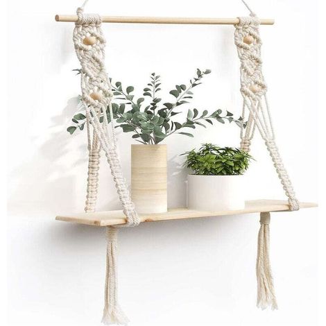 Étagère Murale en Bois avec Corde Flottante pour Plantes Intérieur Extérieur Décoration Rangement (1/4)