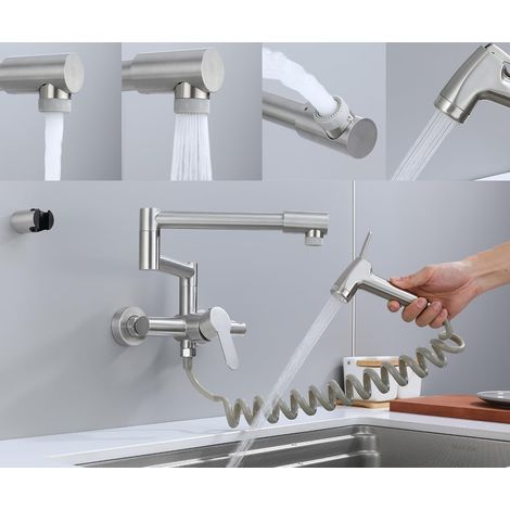 Robinet de cuisine, à ressort, en laiton brossé, rotatif à 360°, tête de pulvérisation à tirette et mélangeur avec 2 sorties (jet et pulvérisation), haute pression, nickel brossé (1/5)