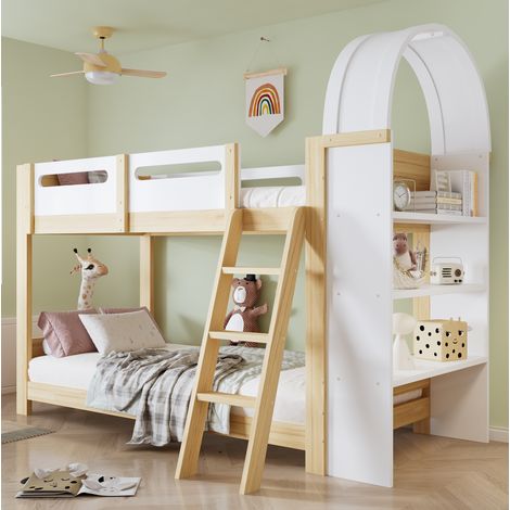 Letto a castello per bambini, 90x200 cm, con scaffale a tre ripiani, in pino MDF e compensato, bianco naturale (1/5)