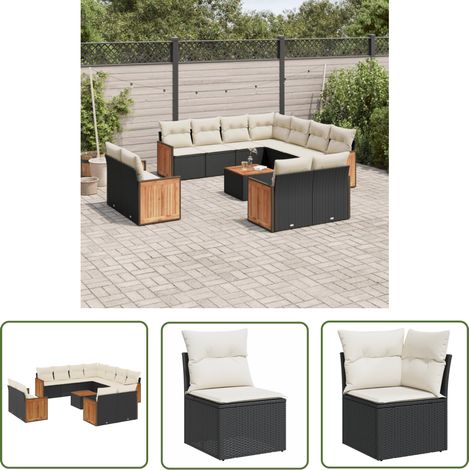 The Living Store Salon de jardin 12 pcs avec coussins noir résine tressée - Ensemble Salon De Jardin - Mobilier Extérieur - Jardin Design - Meubles Résistants Aux Intempéries - Chaise Lounge (1/5)