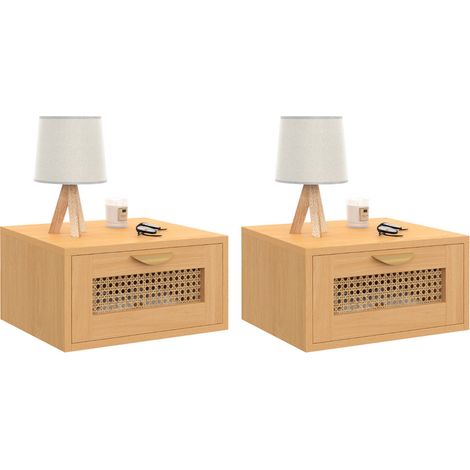 Set aus 2 Wand-Nachttischen EDHEN 1 Schublade Hängeregal Schilf und Holz